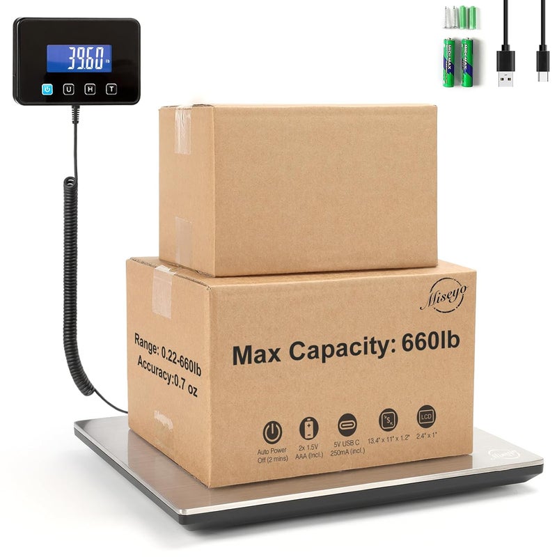 Miseyo 660lbs Digital Shipping Scale - 0.7oz High Accurate Stainless Steel Postal Scale for Packages, Luggage, Small Business, Warehouse, Battery & Charging Cable Included - Image 1